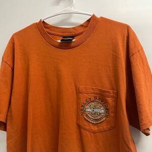 Harley Davidson Mens Orange Graphic Pocket T-Shirt Milwaukee WI Bar Shield 2018